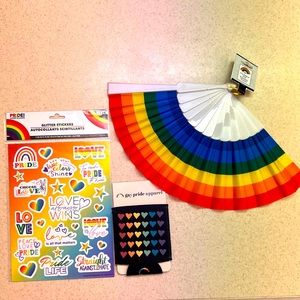UNISEX Rainbow PRIDE * Foldable Fan * 25 Glitter Stickers * Can / Glass Koozie *